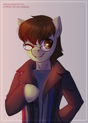 Size: 1200x1680 | Tagged: safe, artist:risterdus, oc, oc only, oc:zephysonas, earth pony, pony, big ears, brown eyes, brown hair, bust, clothes, commission, glasses, jacket, male, one eye closed, portrait, scarf, solo, stallion, wink