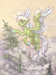 Size: 1000x1328 | Tagged: safe, artist:koviry, oc, oc only, oc:ponytronic, pegasus, pony, cloud, flying, lidded eyes, male, pine tree, sky, smiling, solo, stallion, tree