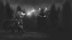 Size: 1280x727 | Tagged: safe, artist:vell221, scootaloo, firefly (insect), pegasus, pony, fanfic:night mares, armor, female, forest, hooves, monochrome, moon, night, open mouth, solo, tree, wings