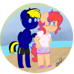 Size: 3000x3000 | Tagged: safe, artist:befishproductions, oc, oc only, oc:consol mash, oc:spirited rainbow, anthro, beach, chibi, clothes, female, high res, male, mare, shorts, signature, stallion