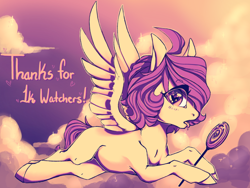 Size: 1024x768 | Tagged: safe, artist:nebulanovia, oc, oc only, pegasus, pony, candy, cloud, female, flying, food, lollipop, mare, milestone, solo