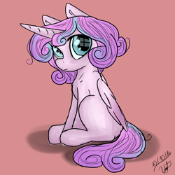 Size: 1024x1024 | Tagged: safe, artist:albinnada, derpibooru import, princess flurry heart, alicorn, pony, blank flank, cute, female, filly, flurrybetes, looking at you, reflection, simple background, sitting, solo, weapons-grade cute