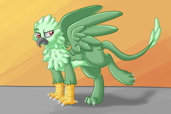 Size: 1024x683 | Tagged: safe, artist:blues4th, oc, oc only, oc:taylin sora, griffon, gradient background, green, looking back, paws, red eyes, solo, standing, tail, wings