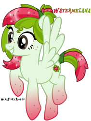 Size: 1816x2404 | Tagged: safe, artist:monkfishyadopts, oc, oc only, oc:watermelana, pegasus, pony, base used, flying, freckles, gradient hooves, melon, simple background, smiling, solo, transparent background