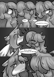 Size: 1512x2150 | Tagged: safe, artist:moonseeker, oc, oc only, oc:hexuas sword, oc:sketchy skylar, pony, unicorn, comic:let's talk redux, comic, eyelashes, female, incest, male, monochrome, shipping, speech bubble, stallion