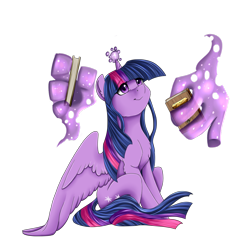 Size: 1024x1024 | Tagged: safe, artist:crecious, twilight sparkle, twilight sparkle (alicorn), alicorn, pony, book, chest fluff, hand, magic, magic hands, simple background, sitting, smiling, solo, spread wings, transparent background