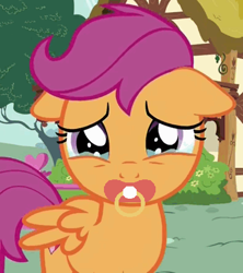 Size: 395x444 | Tagged: safe, edit, edited screencap, editor:mrdoctorderpy, screencap, scootaloo, the fault in our cutie marks, cropped, crying, cute, cutealoo, floppy ears, frown, pacifier, pacifier edit, sad