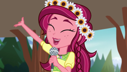 Size: 1280x720 | Tagged: safe, screencap, gloriosa daisy, equestria girls, legend of everfree, cute, daisybetes, flower, happy, magical geodes, microphone, solo