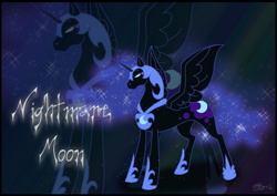 Size: 1280x905 | Tagged: safe, artist:the-coffee-cobra, derpibooru import, nightmare moon, alicorn, pony, cutie mark, ethereal mane, female, gradient background, helmet, jewelry, looking back, mare, regalia, solo, spread wings, starry mane, wings, zoom layer