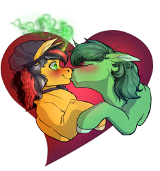 Size: 3000x3209 | Tagged: safe, artist:envyshinyhunter, oc, oc only, oc:envyshinyhunter, oc:squishy slime, pony, unicorn, blushing, colored pupils, female, heart, kissing, male, mare, simple background, stallion, straight, transparent background