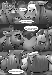 Size: 1512x2150 | Tagged: safe, artist:moonseeker, oc, oc only, oc:hexuas sword, oc:sketchy skylar, pony, comic:let's talk redux, comic, eyelashes, female, incest, male, mare, monochrome, shipping, speech bubble, stallion