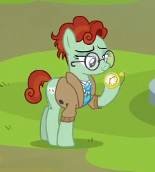 Size: 224x249 | Tagged: safe, derpibooru import, screencap, earth pony, pony, the parent map, background pony, clothes, cropped, female, glasses, jacket, mare, necktie, pocket watch, solo, unnamed pony