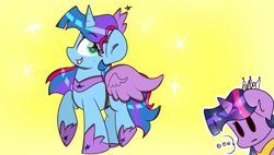 Size: 835x473 | Tagged: safe, artist:lynchristina, twilight sparkle, twilight sparkle (alicorn), oc, oc:galaxy star, alicorn, pony, ..., clothes, costume, fake wings, horseshoes, nightmare night, remembrance (audio drama)