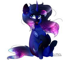 Size: 2000x1600 | Tagged: safe, artist:skimea, oc, oc only, oc:galaxy moon, pony, unicorn, curved horn, female, horseshoes, mare, simple background, sitting, solo, transparent background, underhoof