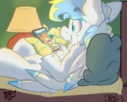 Size: 1000x804 | Tagged: safe, artist:bbsartboutique, artist:brimstonebro, derpibooru import, oc, oc only, oc:cirrus sky, hippogriff, bed, cellphone, dragonite, lamp, lying down, phone, pillow, pokéball, pokémon, pokémon go, smartphone, smiling, talons