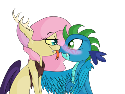 Size: 3200x2400 | Tagged: safe, artist:xxsunsetshimmer23xx, oc, oc only, oc:bedlam, oc:burgeon flare, dragon, hybrid, blushing, female, interspecies offspring, kindverse, lesbian, looking at each other, offspring, offspring shipping, parent:discord, parent:fluttershy, parent:princess ember, parent:spike, parents:discoshy, parents:emberspike, shipping, simple background, tongue out, transparent background