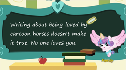 Size: 1915x1075 | Tagged: safe, derpibooru import, edit, edited screencap, screencap, princess flurry heart, alicorn, a flurry of emotions, anti-bronybait, apple, book, brutal honesty, chalk, chalkboard, desk, discovery family logo, drama, eraser, exploitable meme, female, flurry heart ruins everything, flurry heart's chalkboard, food, levitation, looking at you, magic, meme, op is a cuck, op is trying to start shit, reality sucks, solo, telekinesis, telling lies, your waifu will never love you