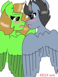 Size: 685x911 | Tagged: safe, artist:kellysans, oc, oc only, oc:kellysans, oc:perdo, pegasus, pony, blushing, ear piercing, female, looking at each other, male, oc x oc, open mouth, pegasus oc, shipping, simple background, straight, white background