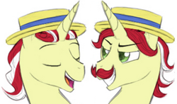 Size: 302x178 | Tagged: safe, artist:alicornparty, flam, flim, pony, duo, eyes closed, facial hair, flim flam brothers, grin, moustache, smiling