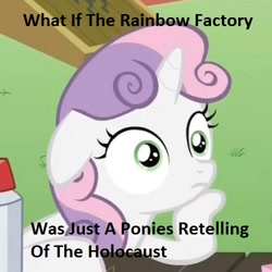 Size: 500x500 | Tagged: safe, sweetie belle, pony, unicorn, fanfic:rainbow factory, exploitable meme, female, filly, holocaust, horn, image macro, meme, obligatory pony, solo, sudden clarity sweetie belle, text, two toned mane, white coat, wide eyes