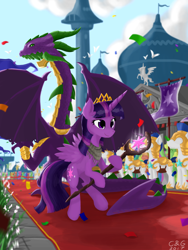 Size: 1536x2048 | Tagged: safe, artist:qzygugu, spike, twilight sparkle, twilight sparkle (alicorn), alicorn, dragon, pony, armor, canterlot, clothes, cloud, crown, female, helmet, jewelry, mare, new crown, older, older spike, regalia, royal guard, scarf, sky, smiling, winged spike