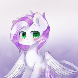 Size: 768x768 | Tagged: safe, artist:windymils, oc, oc only, oc:vio flame, pegasus, pony, art trade, blushing, cute, female, gradient background, green eyes, looking at you, mare, solo