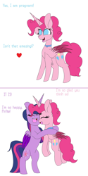 Size: 1280x2564 | Tagged: safe, artist:tomboygirl45, derpibooru import, pinkie pie, twilight sparkle, twilight sparkle (alicorn), alicorn, pony, alicornified, ask, colored wings, female, hug, lesbian, multicolored wings, pinkiecorn, preggy pie, pregnant, princessponk, race swap, shipping, tumblr, twinkie, xk-class end-of-the-world scenario