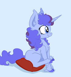 Size: 1252x1345 | Tagged: safe, artist:paskanaakka, derpibooru exclusive, oc, oc only, oc:midnight dew, pony, unicorn, blue background, chest fluff, colored hooves, ear fluff, female, filly, pillow, simple background, sitting, smiling, solo, unshorn fetlocks, younger