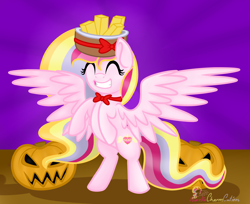 Size: 4153x3393 | Tagged: safe, artist:raspberrystudios, oc, oc only, oc:aurelia charm, absurd resolution, basket, bowtie, exotic butters, halloween, happy, holiday, jack-o-lantern, lantern, nightmare night, pumpkin, rearing, solo, spread wings, standing