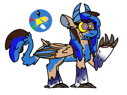 Size: 1600x1200 | Tagged: safe, artist:latiapainting, derpibooru import, oc, oc:painting cincel, alternate universe, beanbrows, bfb, chest fluff, claws, crazy eyes, cutie mark, eyebrows, floppy ears, four, horn, leonine tail, paws, raised hoof, simple background, spots, teeth, tinga ponies species, transparent background