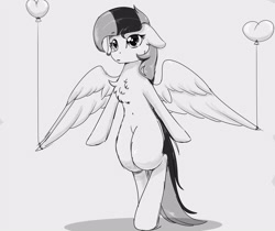 Size: 3000x2520 | Tagged: safe, artist:little-sketches, oc, oc only, pegasus, pony, balloon, bipedal, chest fluff, female, high res, mare, monochrome, solo