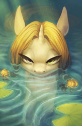 Size: 2600x4000 | Tagged: safe, artist:shedence, oc, oc only, pony, unicorn, floating, heterochromia, lidded eyes, lilypad, looking at you, ophelia, partially submerged, ripples, semi-realistic, solo, swimming, underwater, water, water lily
