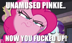 Size: 468x278 | Tagged: safe, derpibooru import, screencap, fluttershy, pinkie pie, rarity, twilight sparkle, twilight sparkle (alicorn), alicorn, earth pony, pegasus, pony, unicorn, the cutie map, eyeshadow, frown, glare, lidded eyes, makeup, now you fucked up, pinkie pie is not amused, squint, unamused, vulgar, when she doesn't smile, xk-class end-of-the-world scenario