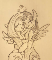 Size: 500x575 | Tagged: safe, artist:rarijack-countrycouture, derpibooru import, fluttershy, twilight sparkle, twilight sparkle (alicorn), alicorn, pegasus, pony, female, lesbian, shipping, traditional art, twishy