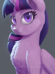 Size: 768x1024 | Tagged: safe, artist:raikoh, twilight sparkle, twilight sparkle (alicorn), alicorn, pony, bust, chest fluff, cute, fluffy, looking at you, simple background, solo, twiabetes, watermark