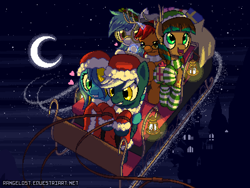 Size: 800x600 | Tagged: safe, artist:rangelost, oc, oc only, oc:mindful mythos, oc:rekhet, oc:sentinel shield, oc:snowy silvercast, oc:sunrise lily, earth pony, pegasus, pony, unicorn, canterlot, canterlot castle, christmas, clothes, compass, contrail, costume, elf hat, glasses, group, hat, headband, heart, hearth's warming eve, holly, lantern, lilycast, map, moon, mrs. claus costume, night, pixel art, present, reindeer antlers, reins, sack, santa costume, santa sack, scarf, sleigh, snow, socks, stars, striped socks