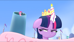 Size: 960x540 | Tagged: safe, derpibooru import, screencap, pinkie pie, twilight sparkle, twilight sparkle (alicorn), alicorn, earth pony, pony, my little pony: the movie, annoyed, cropped, duo, frosting, narrowed eyes, sideways glance, twilight cake, twilight is not amused, unamused