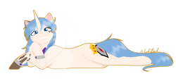 Size: 1024x469 | Tagged: safe, artist:fuyusfox, oc, oc only, oc:chevalier, pony, unicorn, blue eyes, bracelet, cute, female, hoof on cheek, jewelry, looking at you, lying, mare, outline, prone, signature, smiling, solo, watermark