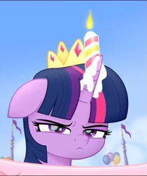 Size: 453x540 | Tagged: safe, derpibooru import, screencap, twilight sparkle, twilight sparkle (alicorn), alicorn, pony, my little pony: the movie, annoyed, candle, cropped, crown, female, floppy ears, jewelry, mare, regalia, solo, twilight is not amused, unamused