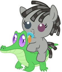 Size: 811x942 | Tagged: safe, artist:red4567, gummy, smarty pants, pony, baby, baby pony, cute, heterochromia, pacifier, ponies riding gators, ponified, riding