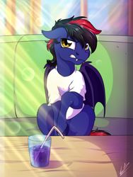 Size: 3000x4000 | Tagged: safe, artist:lupiarts, derpibooru import, oc, oc only, oc:noctis fructosi junior, bat pony, angry, bat pony oc, clothes, commission, cup, drink, fangs, i'm not cute, male, shirt, sitting, solo, stallion