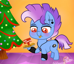 Size: 1024x890 | Tagged: safe, artist:raspberrystudios, oc, oc only, earth pony, pony, chibi, christmas, christmas tree, cookie, ear stretchers, food, hearth's warming, jewelry, necklace, piercing, santa claus, secret santa, solo, stallion small pone, tree