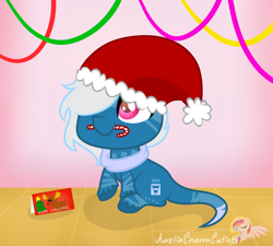 Size: 1024x920 | Tagged: safe, artist:raspberrystudios, oc, oc only, pony, big eyes, candy, candy cane, chibi, christmas, christmas card, cute, food, hat, long tail, male, santa hat, sitting, smolpone, solo, stallion, streamers