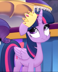 Size: 433x540 | Tagged: safe, derpibooru import, screencap, rarity, twilight sparkle, twilight sparkle (alicorn), alicorn, pony, unicorn, my little pony: the movie, cropped, crown, female, jewelry, mare, offscreen character, regalia, solo