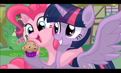 Size: 1298x788 | Tagged: safe, artist:ravenevert, derpibooru import, pinkie pie, twilight sparkle, twilight sparkle (alicorn), alicorn, earth pony, pony, cupcake, flag, food, happy