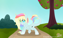 Size: 4494x2739 | Tagged: safe, artist:raspberrystudios, oc, oc only, oc:polar light, pegasus, pony, absurd resolution, apple, bush, commission, fabulous, folded wings, food, hair tie, heterochromia, lidded eyes, long tail, looking at you, multicolored mane, pose, scenery, smiling, solo, tree