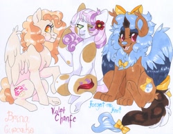 Size: 3110x2419 | Tagged: safe, artist:frozensoulpony, derpibooru import, oc, oc only, oc:brina cupcake, oc:forget-me-knot, oc:violet chante, earth pony, manticore, pegasus, pony, adopted offspring, bow, female, hair bow, high res, offspring, parent:apple bloom, parent:featherweight, parent:pipsqueak, parent:scootaloo, parent:sweetie belle, parent:twist, parents:featherbloom, parents:sweetiesqueak, parents:twistaloo, tail bow, traditional art