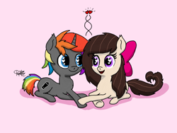 Size: 720x540 | Tagged: safe, artist:kimjoman, oc, oc only, oc:aggie, oc:krylone, pony, accessories, bow, cute, heart, holding hooves, kryggie, looking at each other, rainbow hair, shipping, sitting, wingding eyes