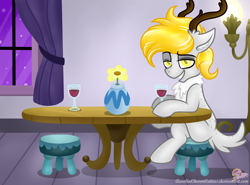 Size: 6732x4971 | Tagged: safe, artist:raspberrystudios, oc, oc only, oc:honey maple, deer, absurd resolution, alcohol, crossed legs, curtain, drinking, flirty, glass, interior, lamp, night out, restaurant, seductive, solo, table, window, wine, wine glass