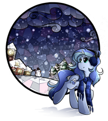 Size: 860x962 | Tagged: safe, artist:secret-pony, oc, oc only, oc:night whispers, clothes, earmuffs, night, scarf, snow, snowman, solo, tree, winter